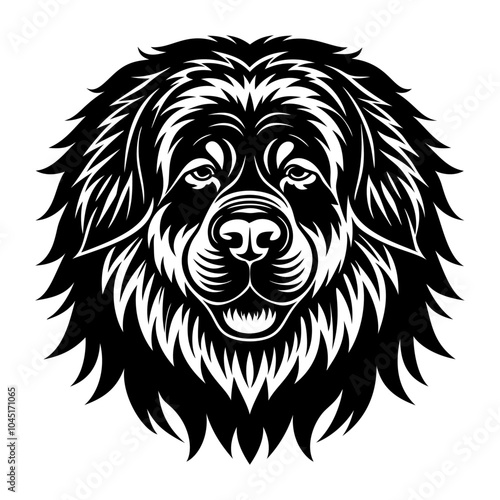 tibetan mastiff dog head icon. Black and white logo, dog silhouette, engraving style. Pet character. Vector illustration