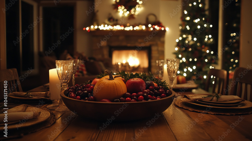 A brown wooden bowl containing pumpkins, apples, and cranberries on a wooden table set in a home at night with thanksgiving decor 