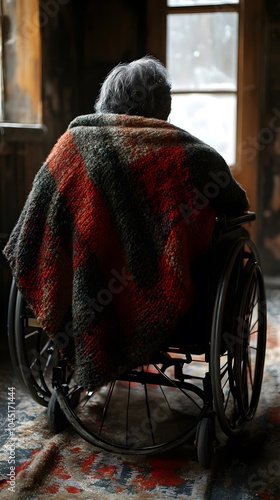 Elderly Person in Wheelchair by Window with Blanket photo