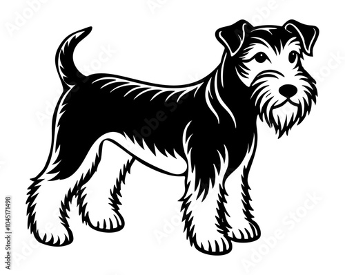 welsh terrier dog full body icon. Black and white logo, dog silhouette, engraving style. Pet character. Vector illustration