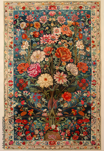 Embroidered floral design Beautiful decorative tapestry flower Colorful pattern carpet elegant ornamental Middle East Fintech artwork delicate botanical persian potted plant Rectangular art decor