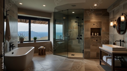 Modern bathroom with large window overlooking ocean view, bathtub, shower, sink, wooden stool and towels.