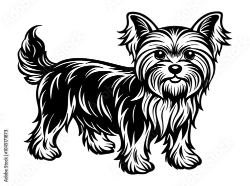 yorkshire terrier dog full body icon. Black and white logo, dog silhouette, engraving style. Pet character. Vector illustration