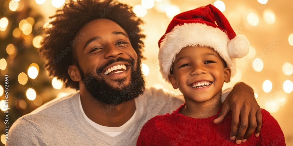 Joyful father and son celebrating Christmas with festive hats and warm smiles. Joyful father and son celebrating Christmas with festive hats and warm smiles.