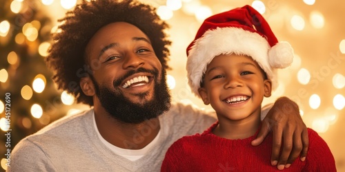 Joyful father and son celebrating Christmas with festive hats and warm smiles.