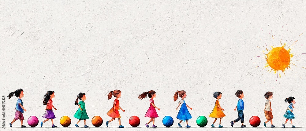 Fototapeta premium Colorful Children Walking with Balls Under the Sun