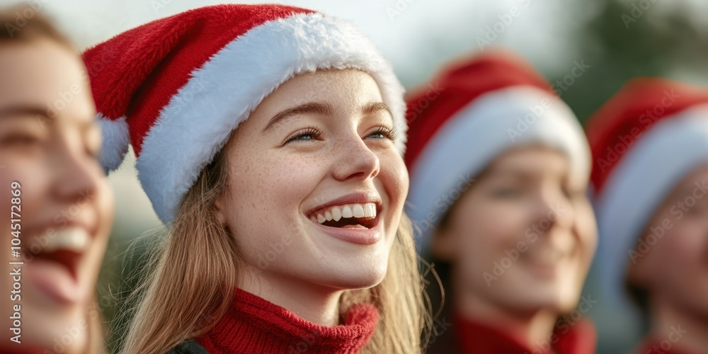 Joyful woman in Santa hat smiling during festive holiday celebration. Joyful woman in Santa hat smiling during festive holiday celebration.