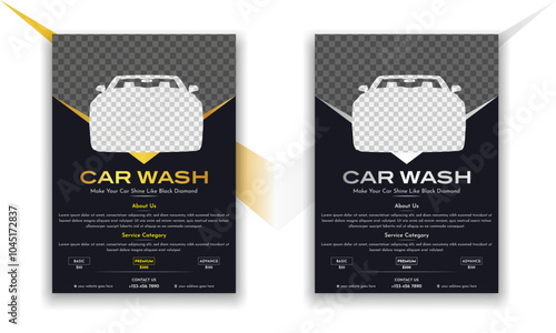 Car wash flyer brochure car care, repair, servicing, premium black, golden, silver, professional, clean, clear, soap, foam, glitter, shine, a4 print ready eps file template.