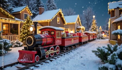 festive christmas with a toy train in a snowy winter wonderland at night