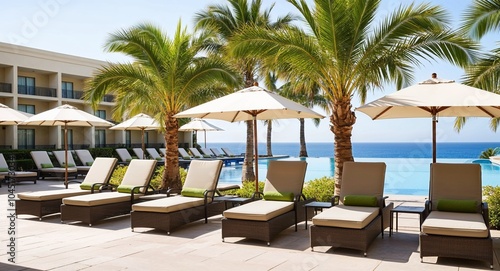 Poolside lounge chairs at hotel background relaxing pool area with comfortable lounge chairs and palm trees