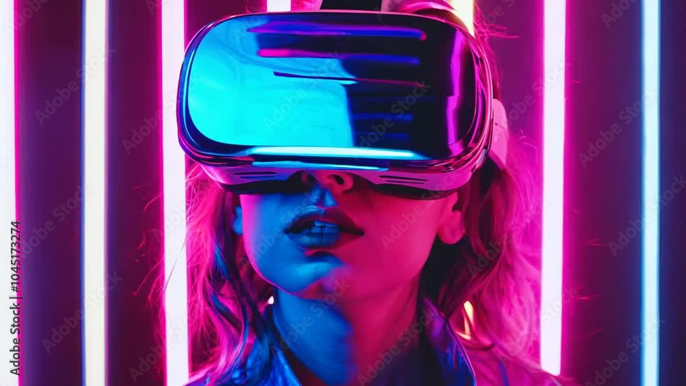 Woman wearing a virtual reality headset. Neon colors and has a futuristic feel to it