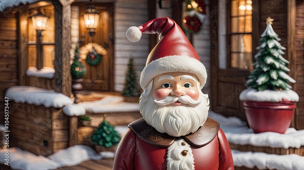 A Festive Santa Claus Figurine Stands Before a Rustic Wooden Cabin, Ready to Spread Holiday Cheer A Festive Santa Claus Figurine Stands Before a Rustic Wooden Cabin, Ready to Spread Holiday Cheer