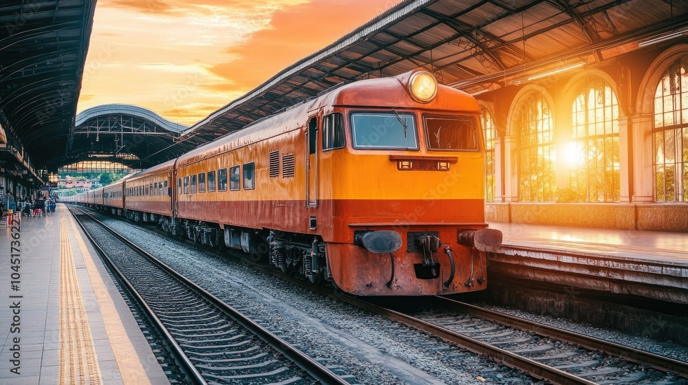 Fototapeta premium Vibrant Orange Train in Motion at Station