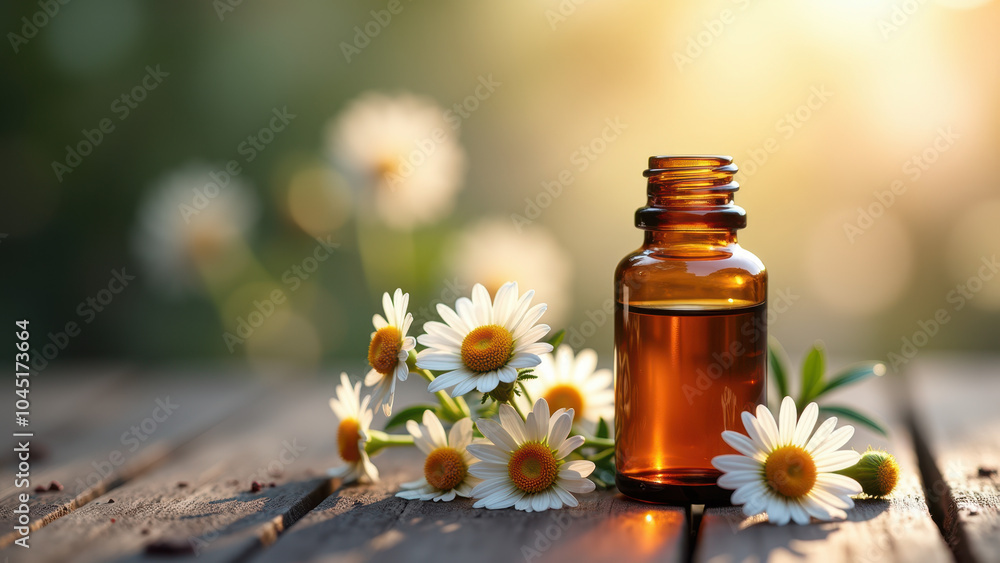 A bottle of essential oil surrounded by fresh chamomile flowers on a wooden surface, bathed in soft natural sunlight. A bottle of essential oil surrounded by fresh chamomile flowers on a wooden surface, bathed in soft natural sunlight.
