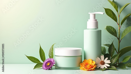 Minimalist skincare set featuring a pump bottle and cream jar in soft mint green, accented by fresh leaves and colorful flowers, set against a pastel green background. Ideal for beauty and wellness.