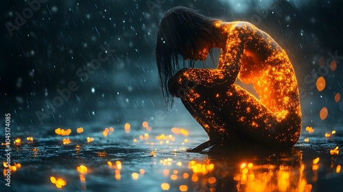 Ethereal Figure Embracing Light and Rain in Nature