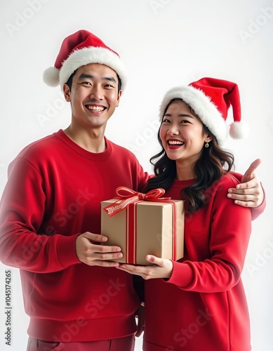 a cheerful couple during quality time to celebrate christmas laughing and having fun on christmas day