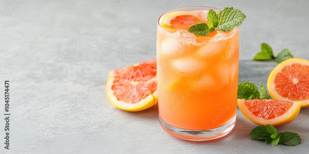 Refreshing citrus cocktail with ice, mint leaves, and grapefruit slices. Refreshing citrus cocktail with ice, mint leaves, and grapefruit slices.