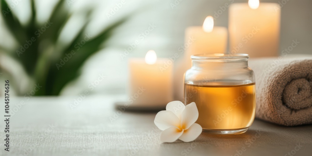 Relaxing spa scene with candles, essential oil, and a towel on a serene background. Relaxing spa scene with candles, essential oil, and a towel on a serene background.