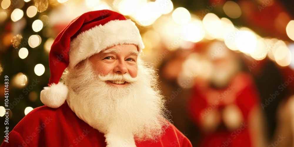 Santa Claus smiling with festive background lights during Christmas season. Santa Claus smiling with festive background lights during Christmas season.