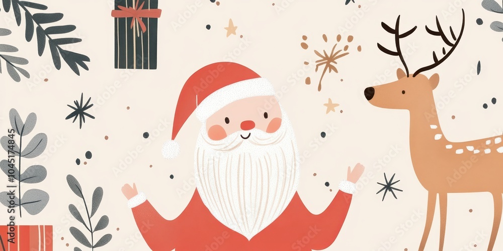 Fototapeta premium Santa Claus with reindeer, festive elements, cheerful winter scene.