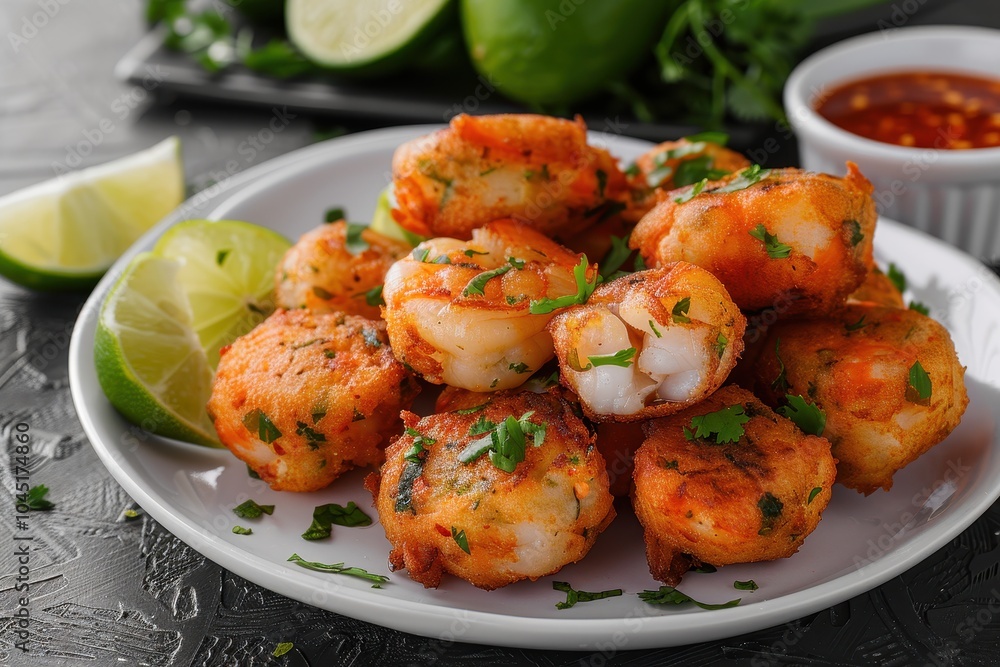 A plate of acaraj, black-eyed pea fritters stuffed with shrimp and vatape, served with a side of hot pepper sauce and fresh lime wedges. A plate of acaraj, black-eyed pea fritters stuffed with shrimp and vatape, served with a side of hot pepper sauce and fresh lime wedges.