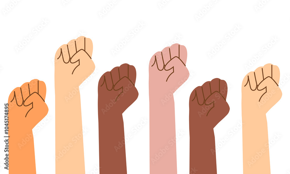 Fists raised in the air. Hands of different skin color and races people. Diversity and equality consept. Flat vector design illustration Fists raised in the air. Hands of different skin color and races people. Diversity and equality consept. Flat vector design illustration