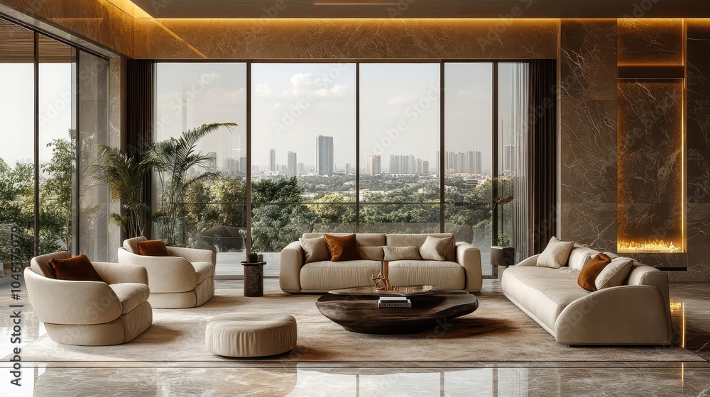 Fototapeta premium sophisticated beige living room interior featuring elegant armchairs, a plush sofa, and a panoramic window that floods the space with natural light, creating a serene ambiance