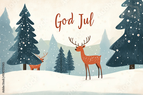 A Scandinavian-style card with a simple line drawing of a reindeer and pine tree.A Christmas card with two deer in the snow and God Jul on it photo