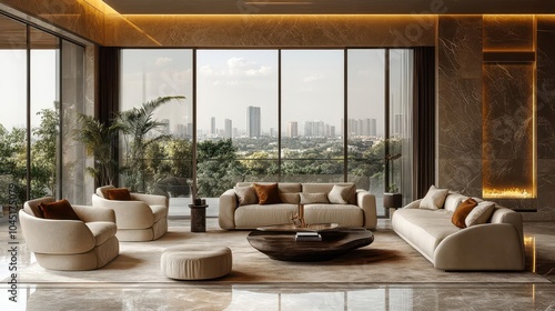 sophisticated beige living room interior featuring elegant armchairs, a plush sofa, and a panoramic window that floods the space with natural light, creating a serene ambiance