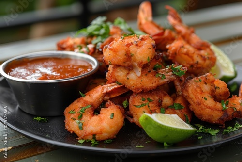 A plate of acaraj, black-eyed pea fritters stuffed with shrimp and vatape, served with a side of hot pepper sauce and fresh lime wedges.