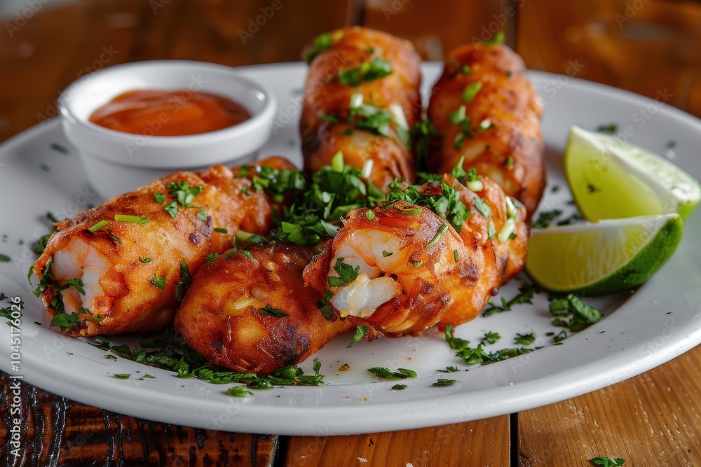 A plate of acaraj, black-eyed pea fritters stuffed with shrimp and vatape, served with a side of hot pepper sauce and fresh lime wedges. A plate of acaraj, black-eyed pea fritters stuffed with shrimp and vatape, served with a side of hot pepper sauce and fresh lime wedges.