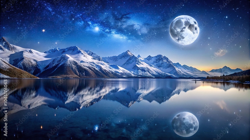 Fototapeta premium Snow covered mountains and peaceful lake under full moon and starry sky