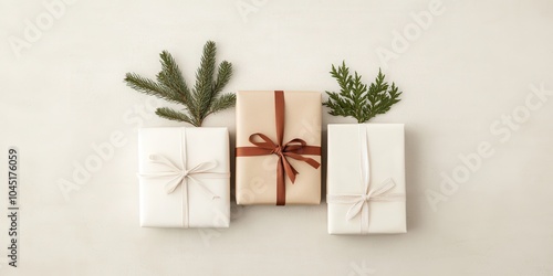 Three beautifully wrapped gifts with greenery on a light background.