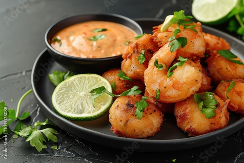 A plate of acaraj, black-eyed pea fritters stuffed with shrimp and vatape, served with a side of hot pepper sauce and fresh lime wedges.