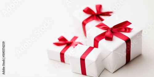 Three elegantly wrapped white gift boxes with red ribbons on a white background.