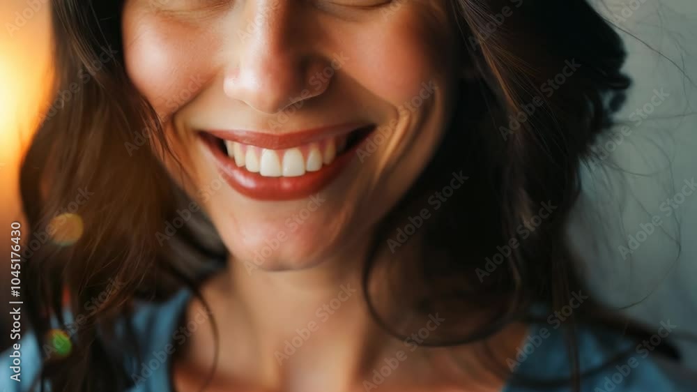 Woman with a blue shirt is smiling and showing her teeth. Concept of happiness and positivity Woman with a blue shirt is smiling and showing her teeth. Concept of happiness and positivity