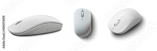 A set of three modern white computer mice with sleek, minimalistic designs. Each mouse features smooth curves, a streamlined shape, and a simple button layout. 3d vector illustration