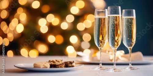 Three glasses of champagne with festive cookies, blurred holiday lights in the background. photo