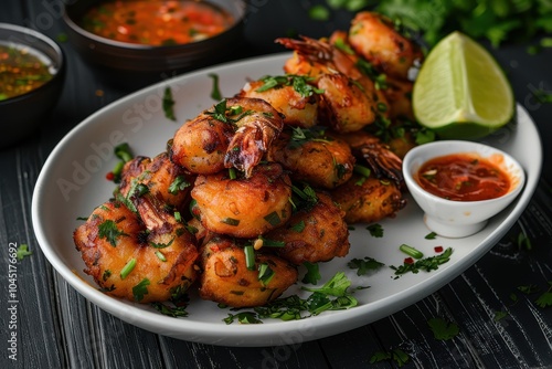 A plate of acaraj, black-eyed pea fritters stuffed with shrimp and vatape, served with a side of hot pepper sauce and fresh lime wedges.