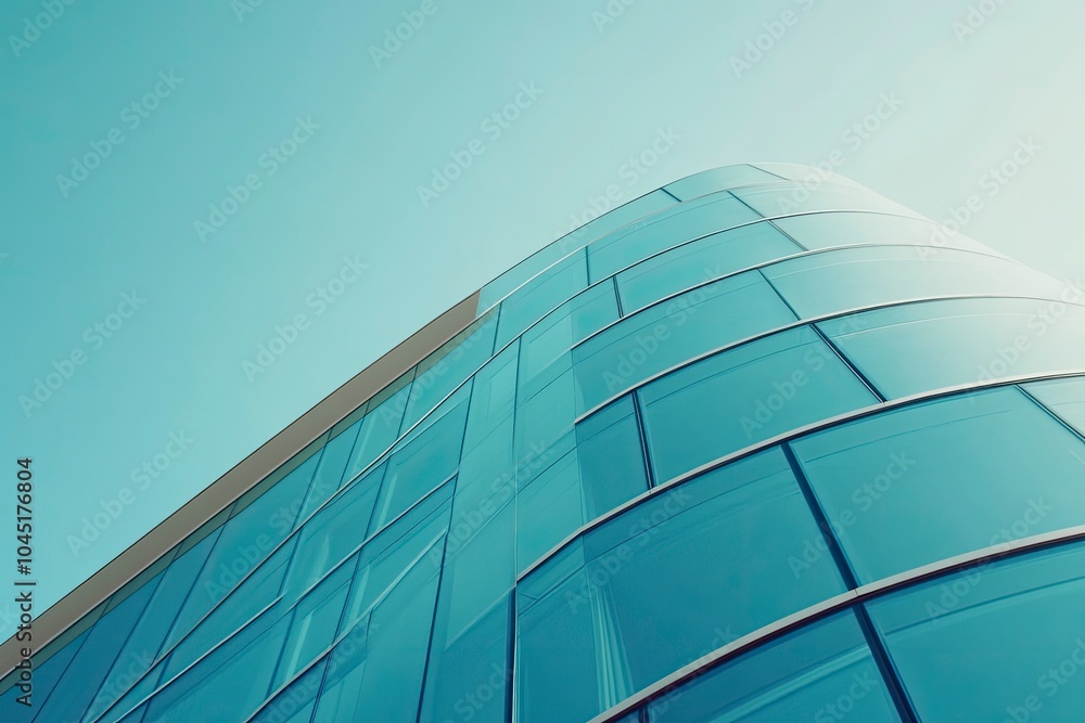 Modern building with curved glass facade reflecting sky. Contemporary architectural design against a clear blue backdrop with generative ai Modern building with curved glass facade reflecting sky. Contemporary architectural design against a clear blue backdrop with generative ai