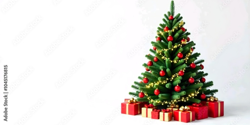 A large, lush green Christmas tree decorated with red ornaments, gold garlands, and twinkling lights, surrounded by wrapped gifts, white background A large, lush green Christmas tree decorated with red ornaments, gold garlands, and twinkling lights, surrounded by wrapped gifts, white background