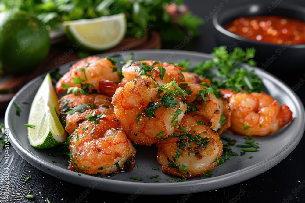 A plate of acaraj, black-eyed pea fritters stuffed with shrimp and vatape, served with a side of hot pepper sauce and fresh lime wedges. A plate of acaraj, black-eyed pea fritters stuffed with shrimp and vatape, served with a side of hot pepper sauce and fresh lime wedges.