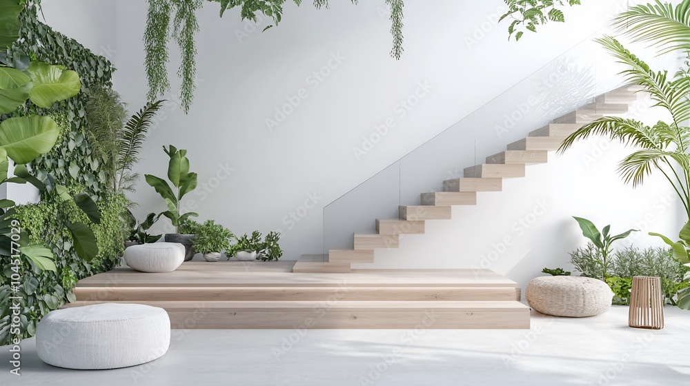 Modern minimalist interior with wooden stairs, green plants and white round poufs. Modern minimalist interior with wooden stairs, green plants and white round poufs.