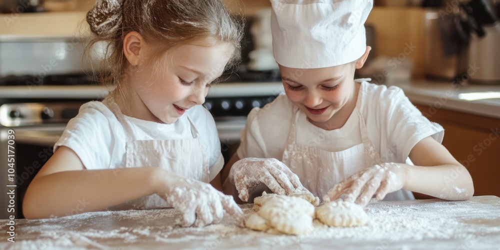 Two children baking in the kitchen, smiling and enjoying their cooking experience. Two children baking in the kitchen, smiling and enjoying their cooking experience.