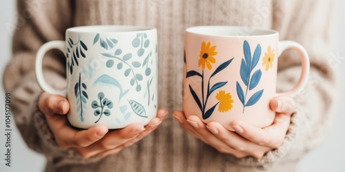 Two decorative mugs with floral patterns held by hands, blurred background. photo