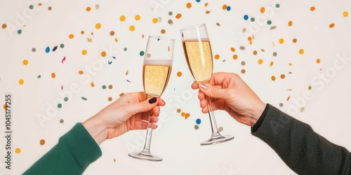 Two hands toasting with champagne flutes against a festive background. photo