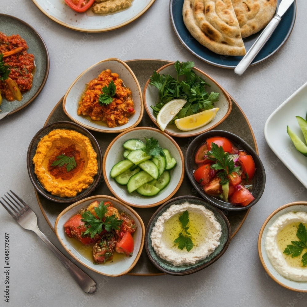 Bright and appetizing images of Turkish mezze with an emphasis on fresh and colorful ingredients Bright and appetizing images of Turkish mezze with an emphasis on fresh and colorful ingredients