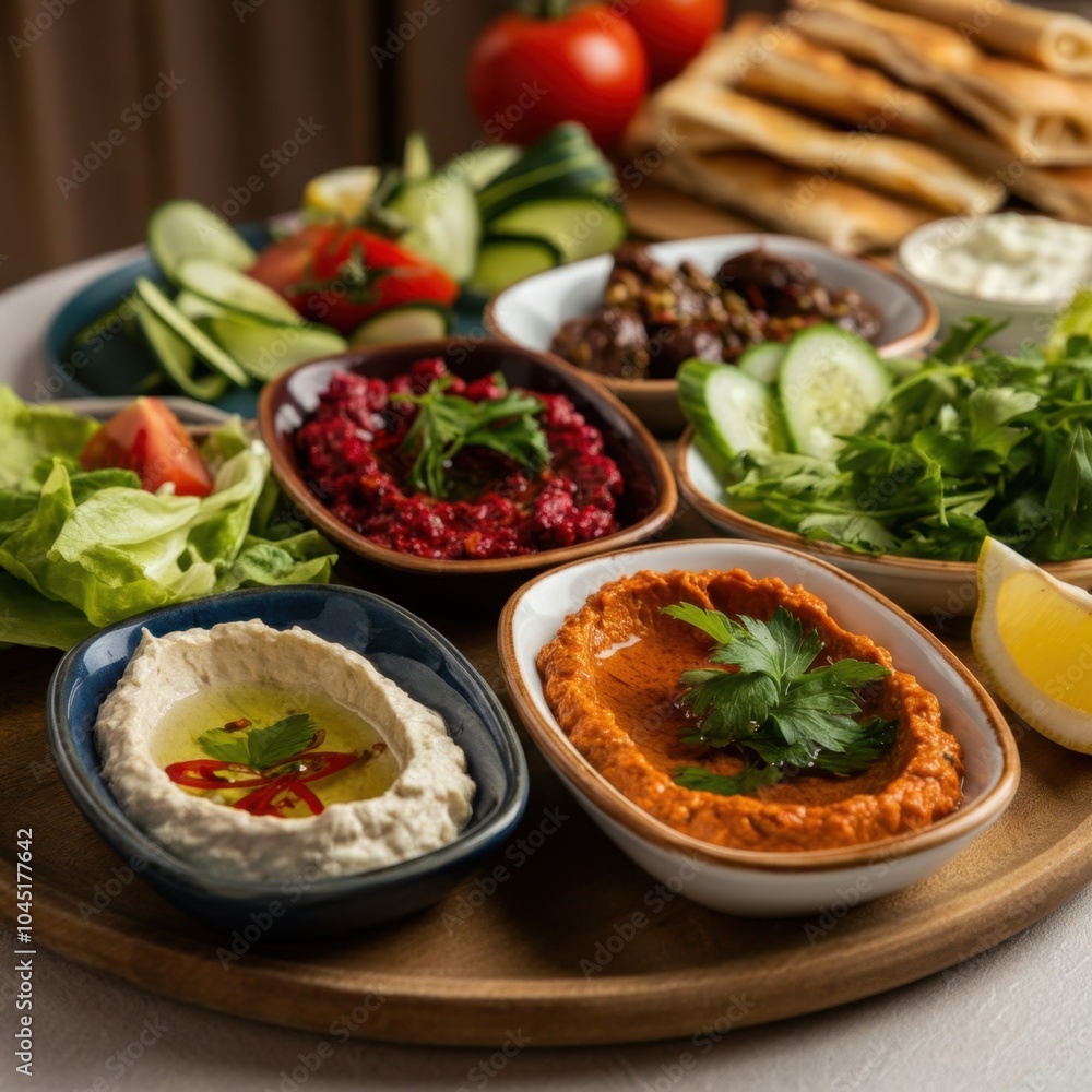 Bright and appetizing images of Turkish mezze with an emphasis on fresh and colorful ingredients Bright and appetizing images of Turkish mezze with an emphasis on fresh and colorful ingredients