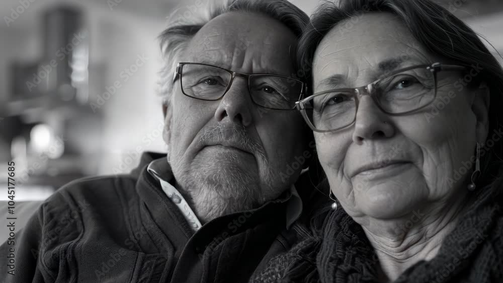 Man and woman are sitting on a couch, both wearing glasses. The man is looking at the camera with a frown on his face, while the woman is smiling. Scene is somewhat tense Man and woman are sitting on a couch, both wearing glasses. The man is looking at the camera with a frown on his face, while the woman is smiling. Scene is somewhat tense